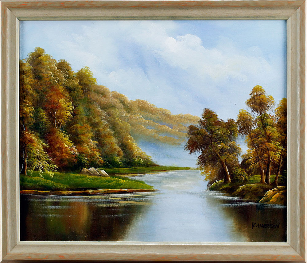 Leinwandbild-Gemaelde-Landschaft-am-Fluss-gerahmt-sale Leinwandbild-Gemaelde-Landschaft-am-Fluss-gerahmt-sale