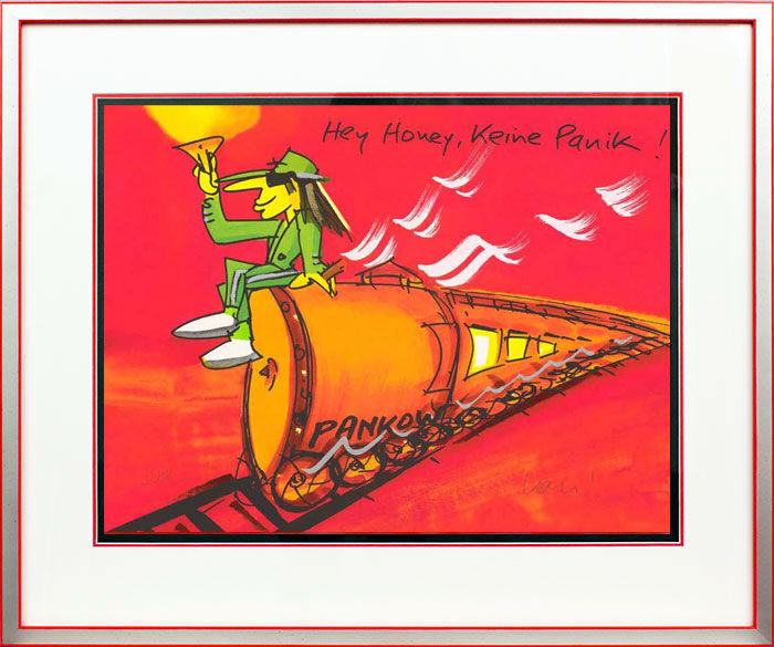 UDO LINDENBERG - SONDERZUG NACH PANKOW gerahmt silber-rot Udo Lindenberg Bilder - SONDERZUG NACH PANKOW - HEY HONEY, KEINE PANIK - Original Grafik, handsigniert
