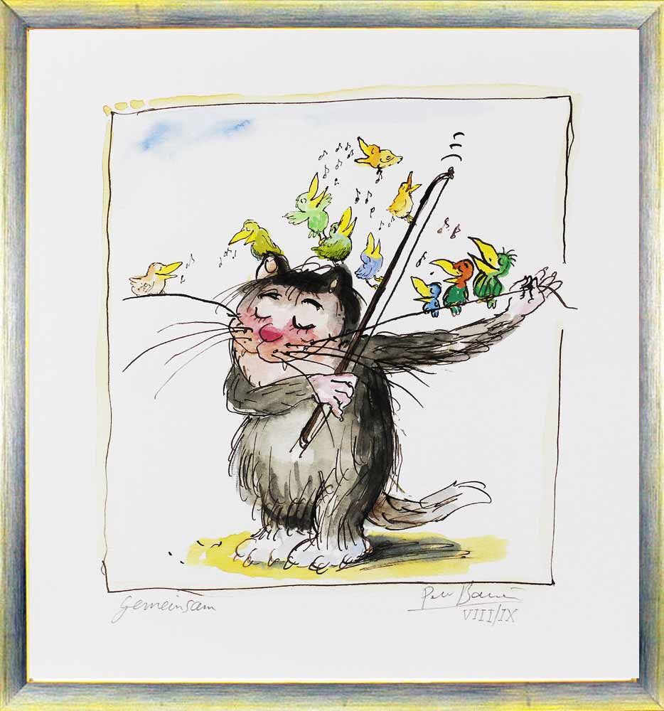 peter-bauer-gemeinsam-katze-spezial-edition-zehn-voegelchen-gerahmt