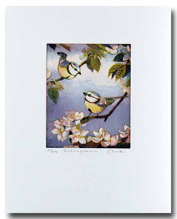 Jutta Votteler - Frühlingsbesuch - Original Farb-Radierung - limitiert und handsigniert Jutta Votteler - Frühlingsbesuch - Original Farb-Radierung - limitiert und handsigniert