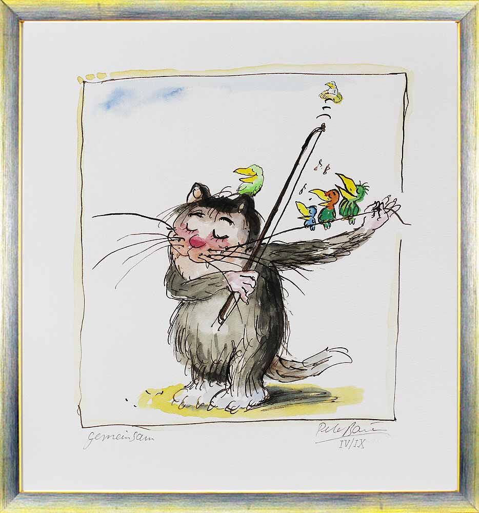 peter-bauer-gemeinsam-katze-spezial-edition-fuenf-voegelchen-gerahmt