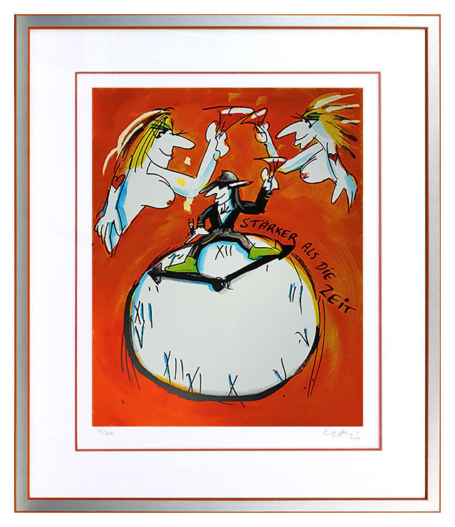 Abstrakte Komposition mit lebhaftem Kolorit: Figuren und Uhr vor orangefarbenem Hintergrund, lasierender Farbauftrag. Wandbild.