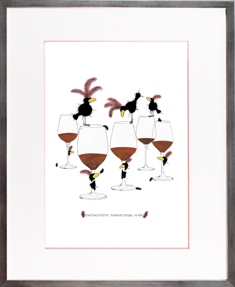 michael-ferner-verfuererische-schnabelprobe-in-rot-wr-gerahmt