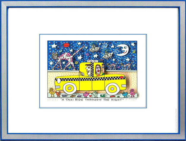 james-rizzi-a-taxi-ride-through-the-night-gerahmt-silber-blau