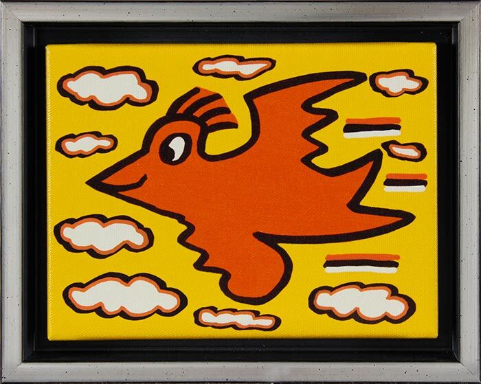 james-rizzi-bird-orange-on-yellow-gerahmt-kunst-2d