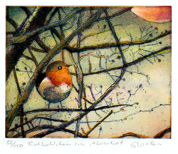 Jutta Votteler. ROTKEHLCHEN IM ABENDROT Jutta Votteler - Rotkehlchen im Abendrot - Original Farb-Radierung - limitiert und handsigniert