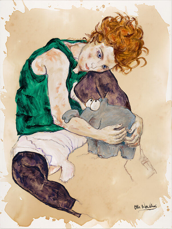 otto-waalkes-sitzende-frau-mit-kuscheltier-ungerahmt-egon-schiele-ottifant