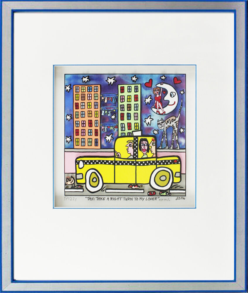 james-rizzi-taxi-take-a-right-turn-to-my-lover-silber-blau-gerahmt