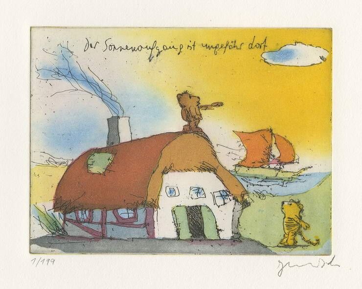 Janosch - DER SONNENAUFGANG ist UNGEFÄHR DORT - original Radierung handsigniert Janosch - DER SONNENAUFGANG ist UNGEFÄHR DORT - original Radierung handsigniert