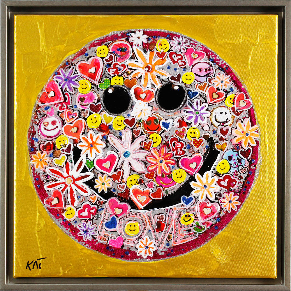 Kat Lassen - BE HAPPY SMILEY PINK FLOWER GOLD - Original Mischtechnik - handsigniertes Unikat  