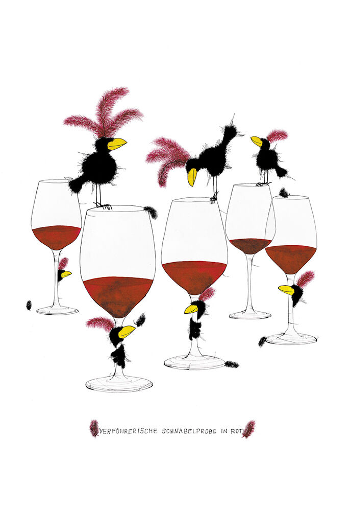 michael-ferner-verfuererische-schnabelprobe-in-rot-ungerahmt