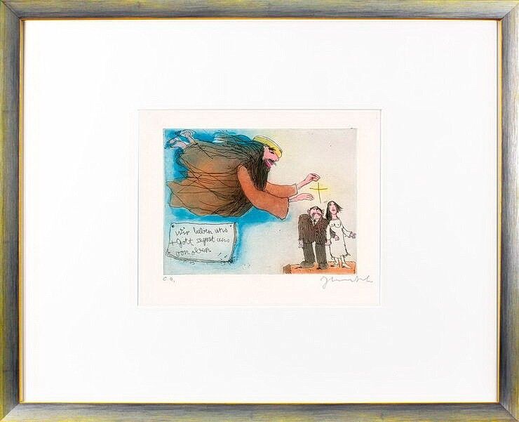 janosch-wir-lieben-uns-und-gott-segnet-uns-von-oben-gerahmt-kunst-radierung janosch-wir-lieben-uns-und-gott-segnet-uns-von-oben-gerahmt-kunst-radierung