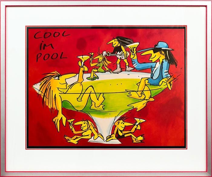 Frontalansicht: "Cool im Pool", eine satirische Malerei mit kräftigem Duktus und lebendigem Kolorit im Komplementärkontrast
