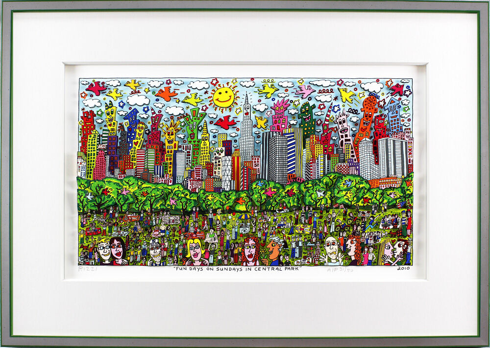 james-rizzi-fun-days-on-sundays-in-central-park-gerahmt-silber-gruen