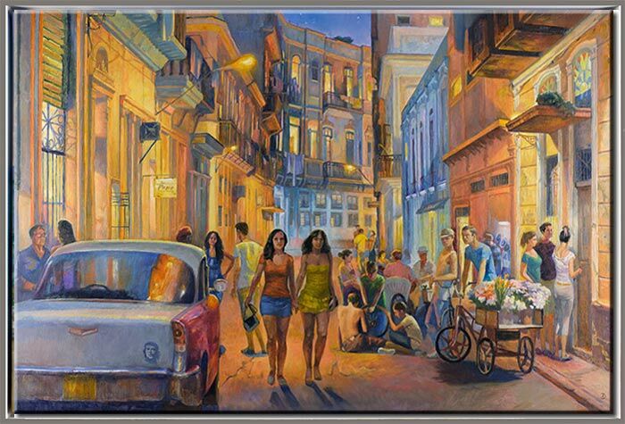 Diego Santos - Noche Cubana Iluminada UNIKAT im Schattenfugenrahmen Diego Santos original Gemälde - Noche Cubana Iluminada - handgemalt