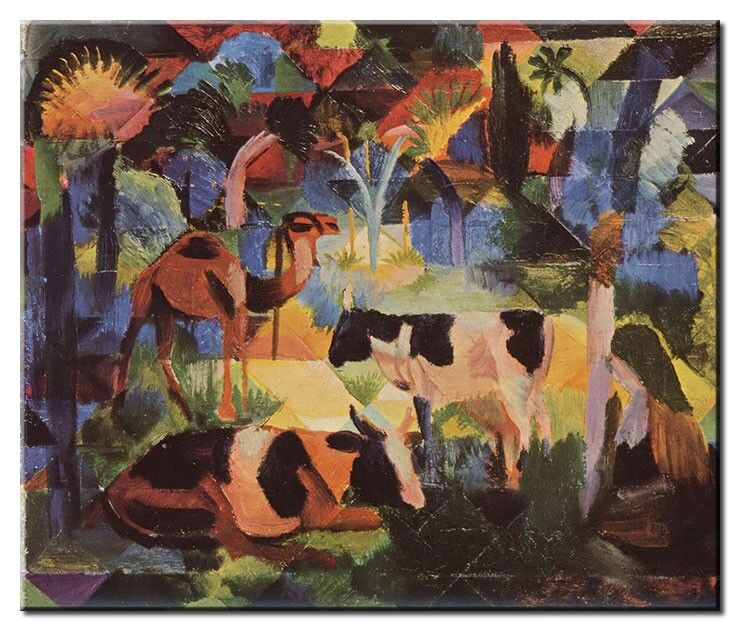 Leinwandbild August Macke - Landschaft mit Kühen und Kamel August Macke Bilder - Landschaft mit Kühen und Kamel-100 x 120 cm
