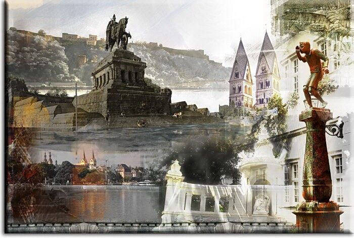 Leinwand Bild Koblenz mit Sehenswürdigkeiten von A. Baecker Koblenz Collage in Blau von A. Baecker Leinwandbild