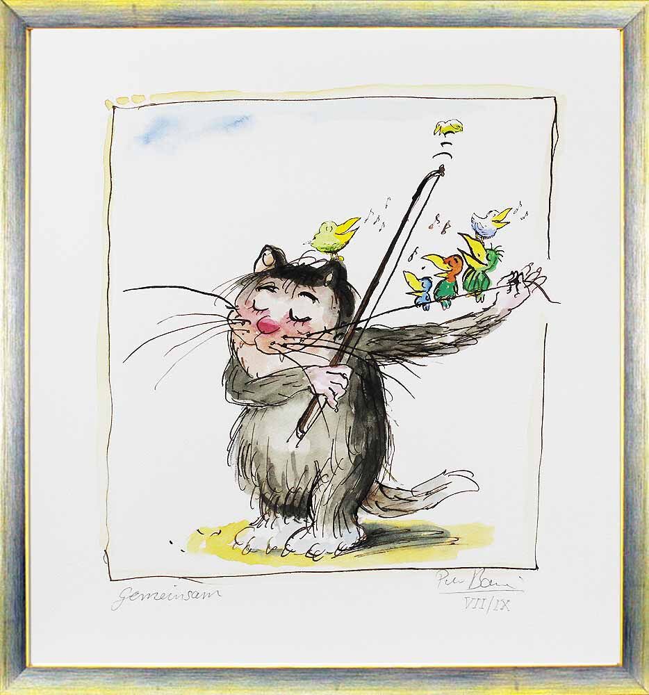 peter-bauer-gemeinsam-katze-spezial-edition-sechs-voegelchen-gerahmt