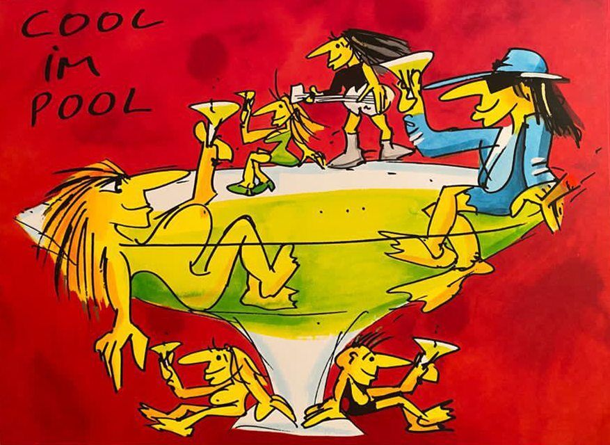 Frontalansicht des Wandbilds: Karikaturistische Figuren in einer stilisierten Cocktailschale. Lebendiges Kolorit mit kräftigem Rot und Gelb, der Duktus ist expressiv und linienbetont.