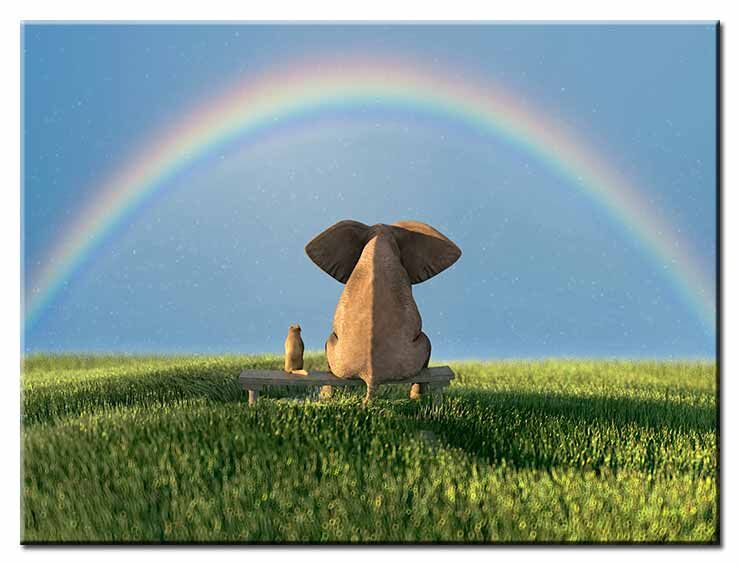 Beste Freunde - Elefant und Hund mit Regenbogen - Modernes Leinwandbild