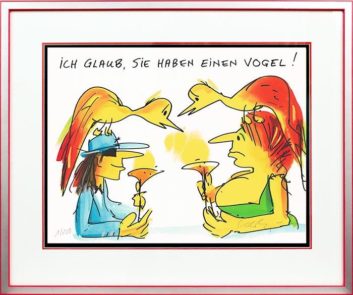 UDO LINDENBERG - ICH GLAUB SIE HABEN EINEN VOGEL gerahmt mit SILBER-ROT Udo Lindenberg ICH GLAUB SIE HABEN EINEN VOGEL - original Grafik handsigniert