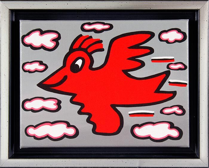 james-rizzi-bird-red-on-grey-gerahmt-kunst-2d