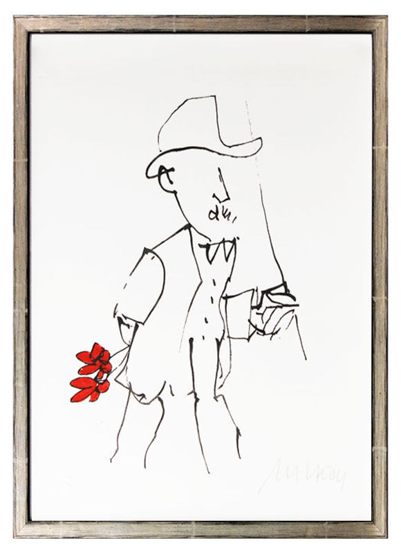 Eine Strichzeichnung einer Person in Hut und Weste mit roten Blumen, ein Kunstwerk mit einem feinen Duktus und minimalem Farbauftrag.