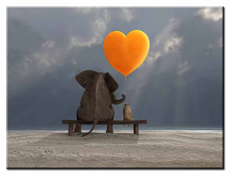 Beste Freunde - Elefant und Hund mit Herz - Modernes Leinwandbild