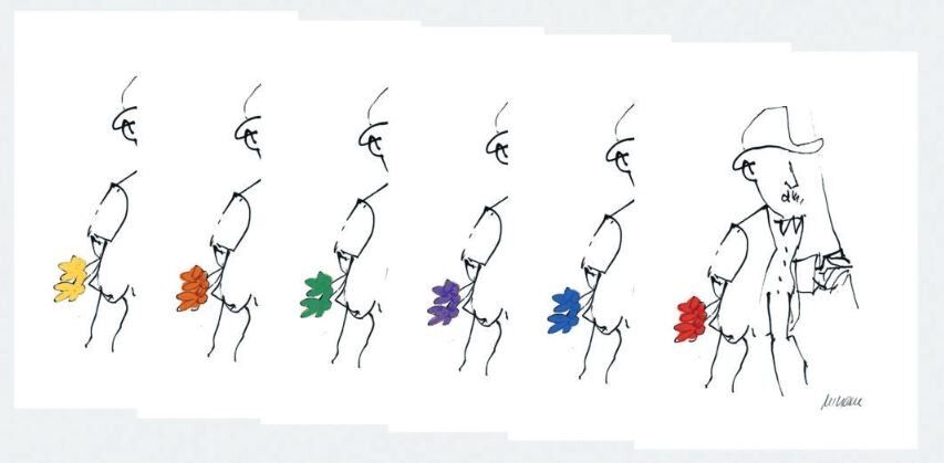 Armin Mueller-Stahl - GRATULATION - ROT: Stilisierte Figuren halten farbige Blumen. Linienzeichnung mit pastosem Farbauftrag in Rot und anderen bunten Tönen.