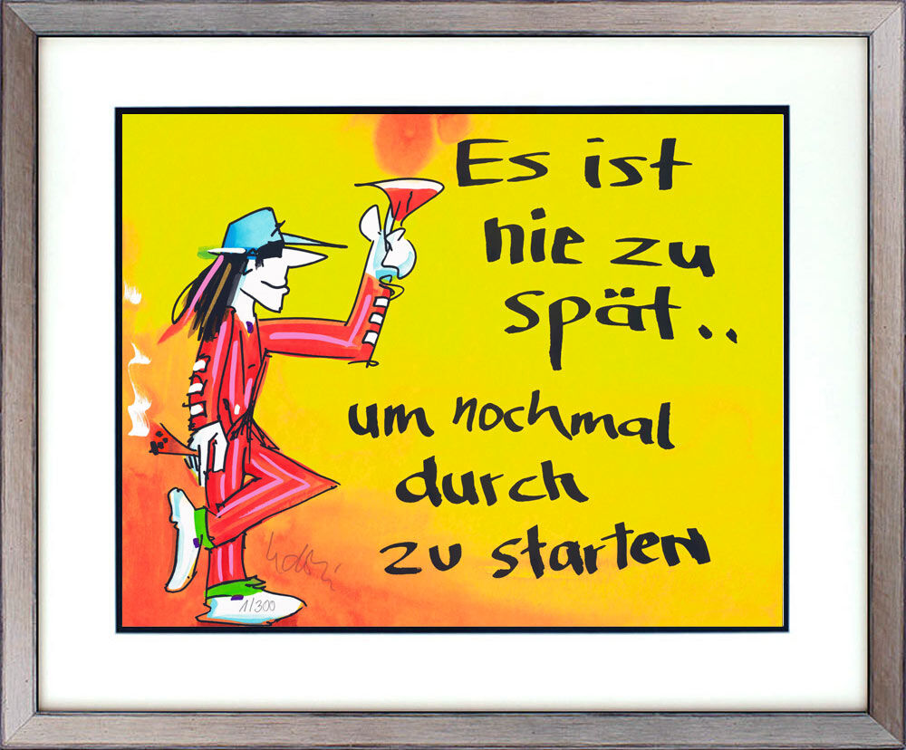 Original Grafik handsigniert: figürliche Darstellung mit lebendigem Duktus auf leuchtend gelbem Fond. Dynamische Komposition mit expressivem Farbauftrag.