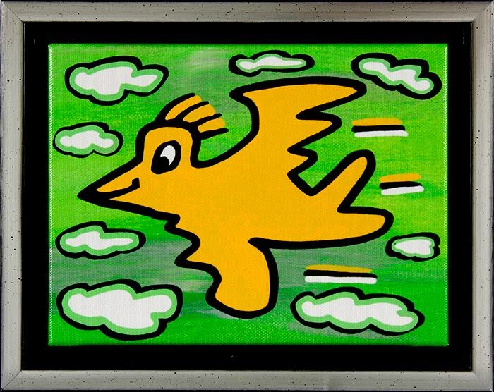james-rizzi-bird-yellow-on-green-gerahmt-kunst-2d