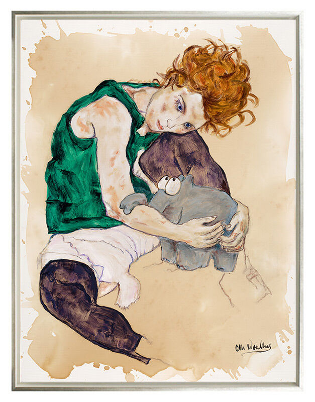 otto-waalkes-sitzende-frau-mit-kuscheltier-gerahmt-egon-schiele-ottifant